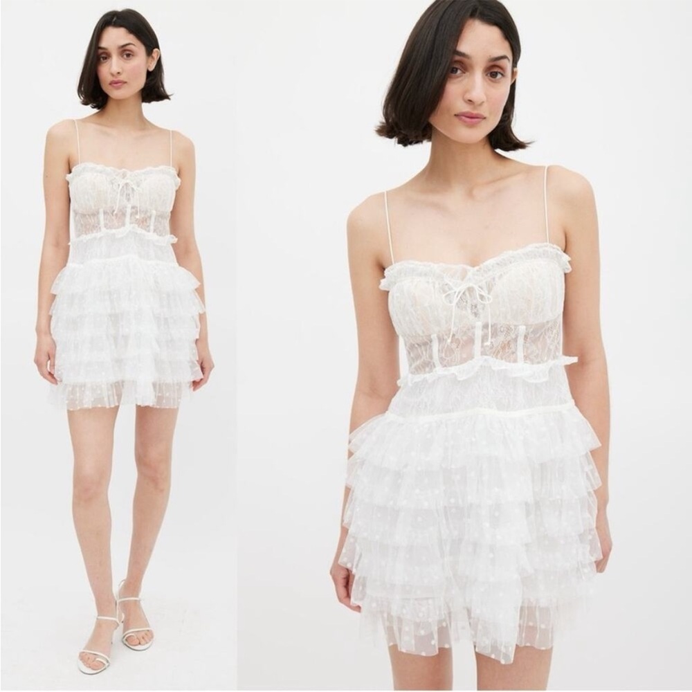 NWT FOR LOVE & LEMONS Jules White Mini tiered lace Ruffle peekaboo Dress XS